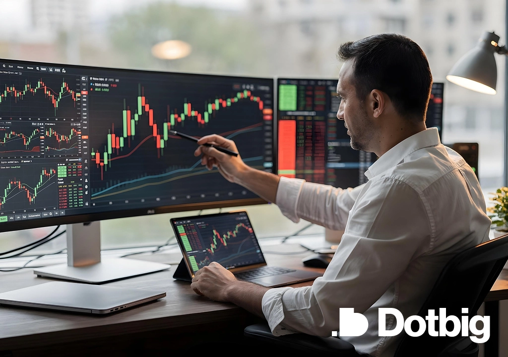 Dotbig – Trader analyzing candlestick charts on multiple monitors at a modern desk