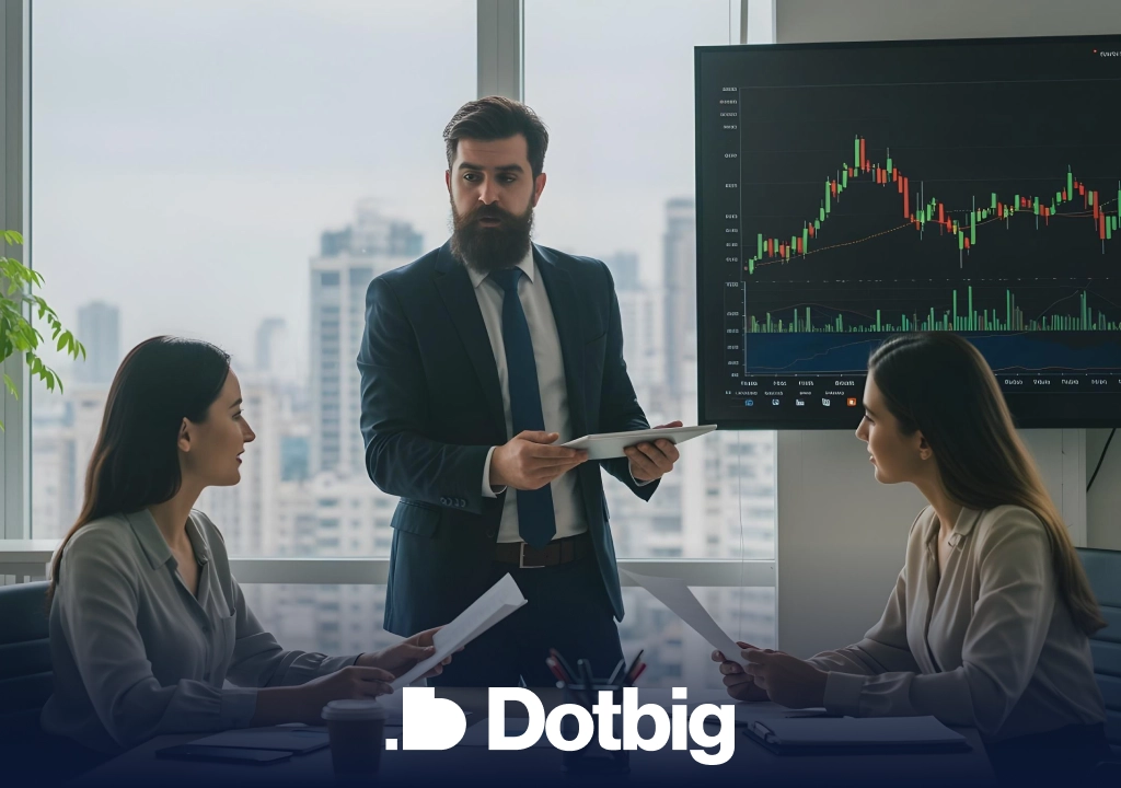 DotBig team analyzing stock market data during a business presentation in office